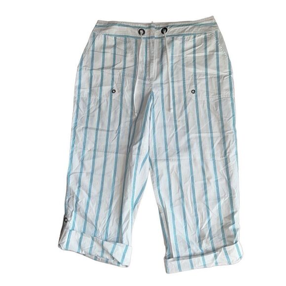 Chico's Cropped Roll Up Capri 100% Cotton- Striped White + Blue - Size 1 (8/M) - Picture 4 of 11